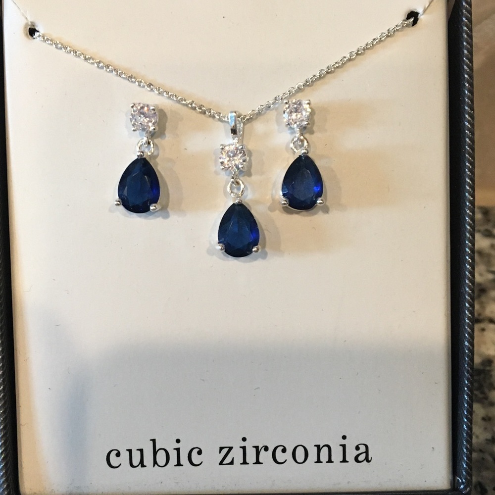 Silver necklace earring set blue cubic zirconia